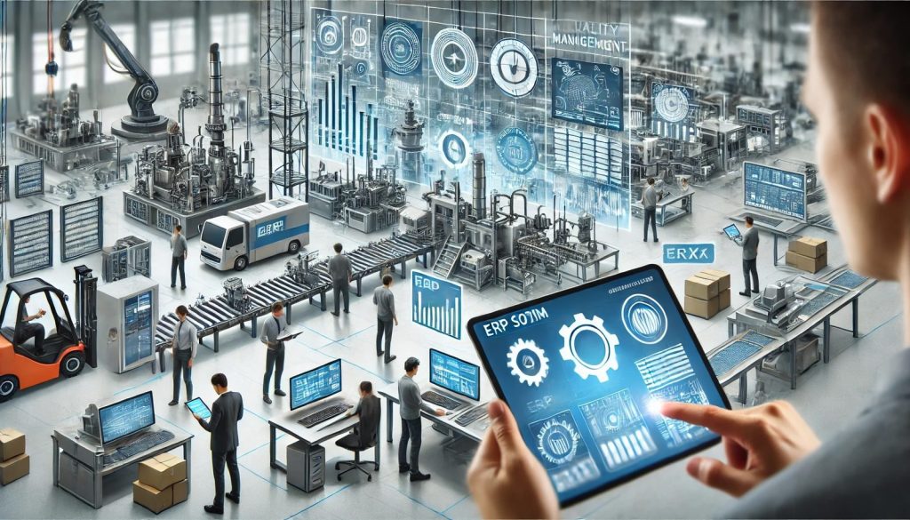 Engineering shop floor with an ERP dashboard on a tablet – ERP for engineering companies