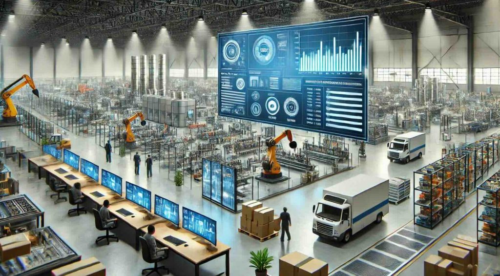 Export manufacturing plant with trucks, packed goods and an ERP dashboard – ERP for export manufacturers