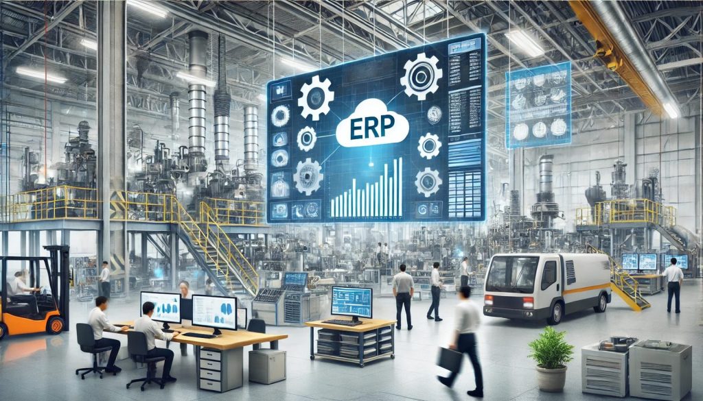 Factory floor with an ERP dashboard – ERP for industrial manufacturers