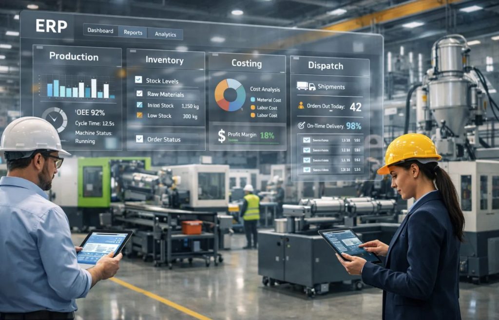 Manufacturing ERP software dashboard showing production, inventory, costing and dispatch