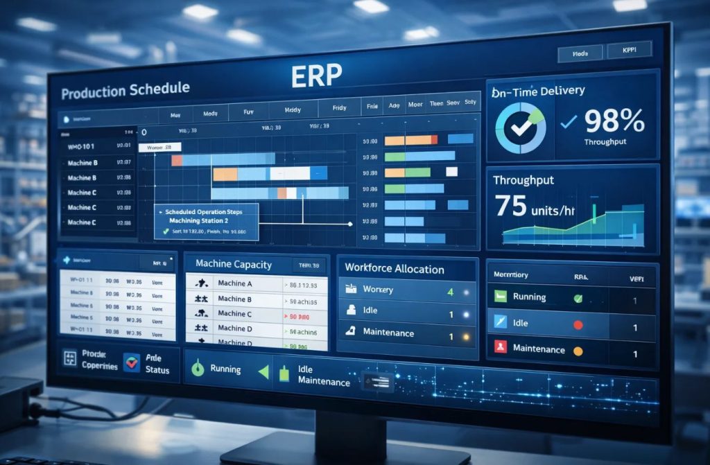 Production planning ERP screen with production schedule, machine capacity and workforce allocation